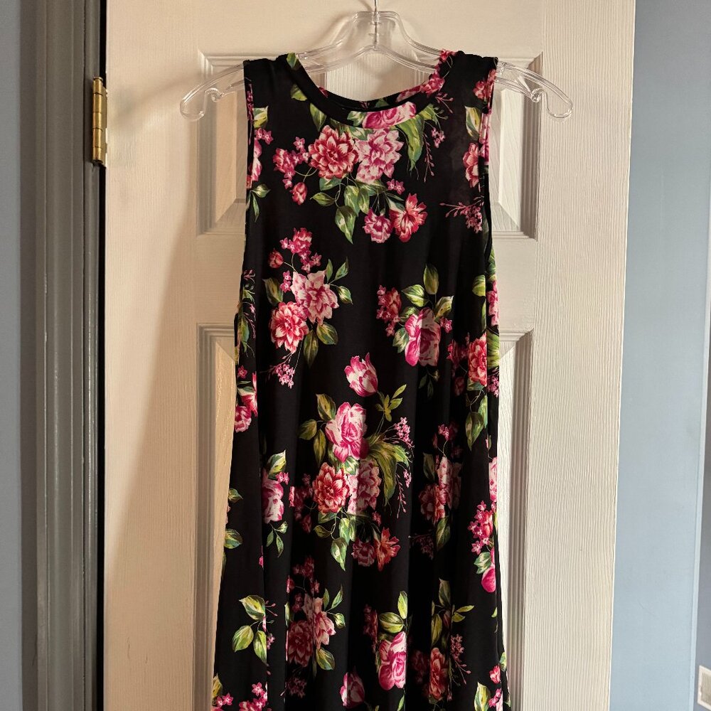 Size XL Black Floral Sleeveless Tank Dress Scoop Neck Pockets EUC